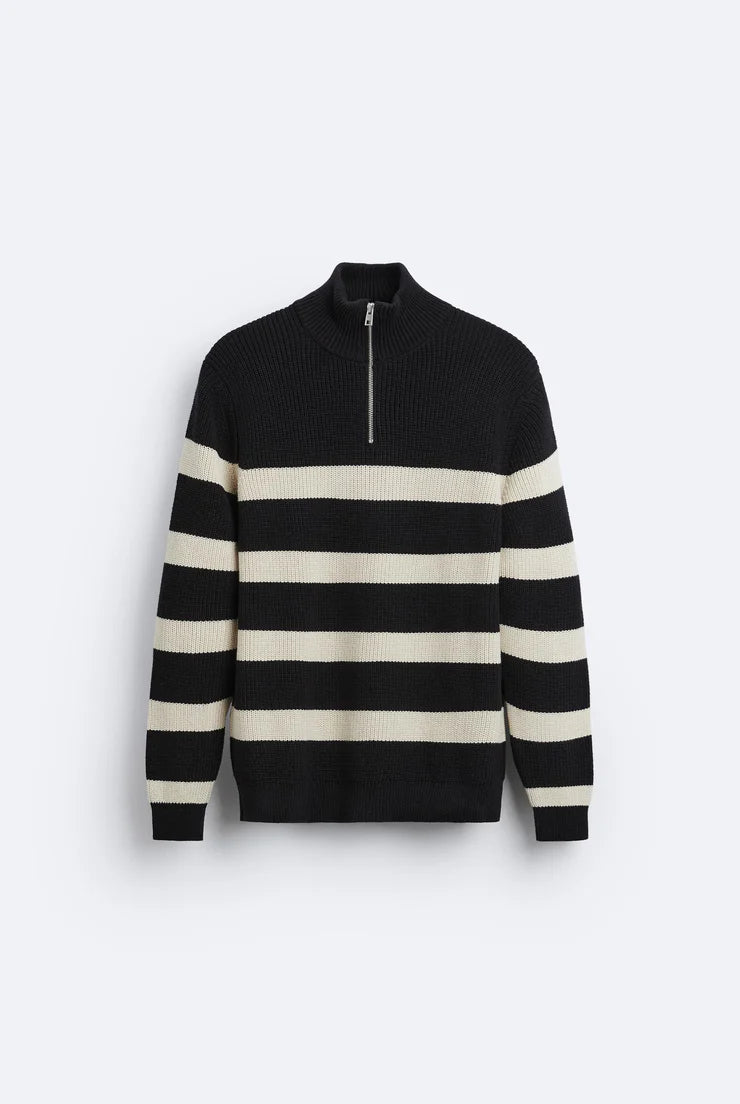 Knitted sweater with white stripes