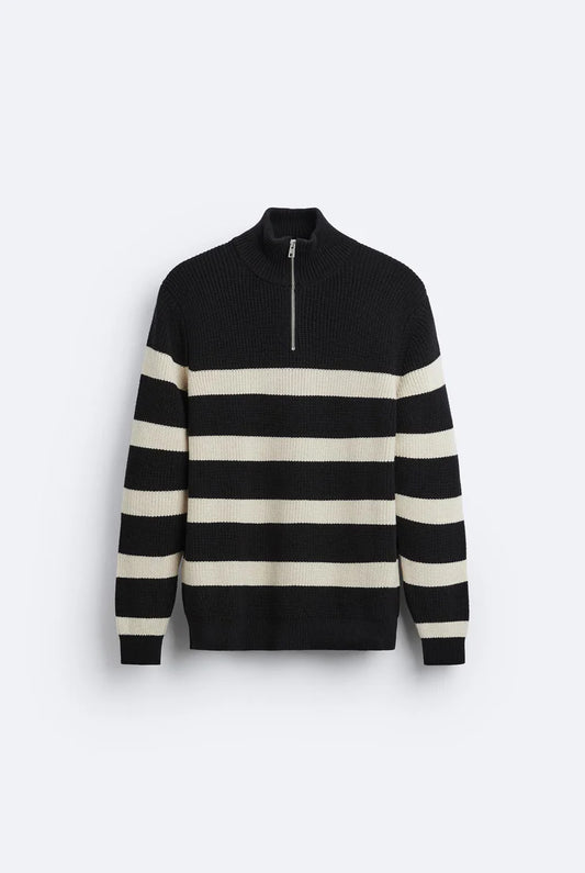 Knitted sweater with white stripes