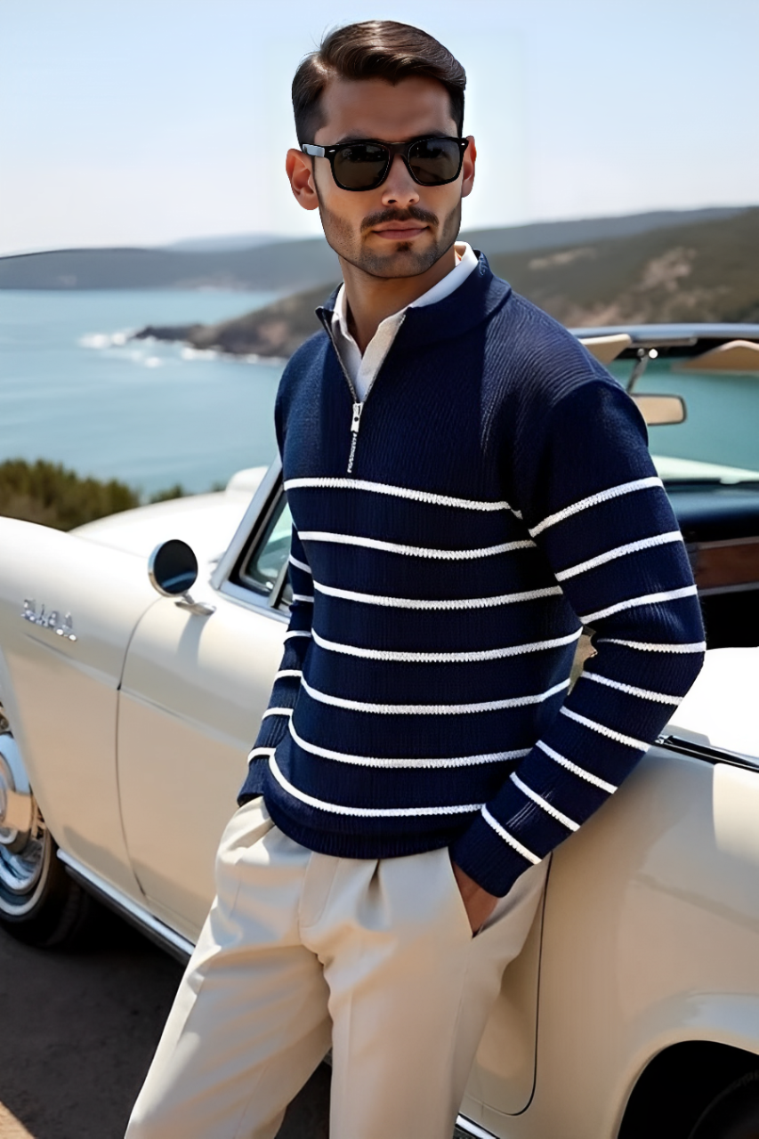 Striped Polo Sweatshirt with Zipper