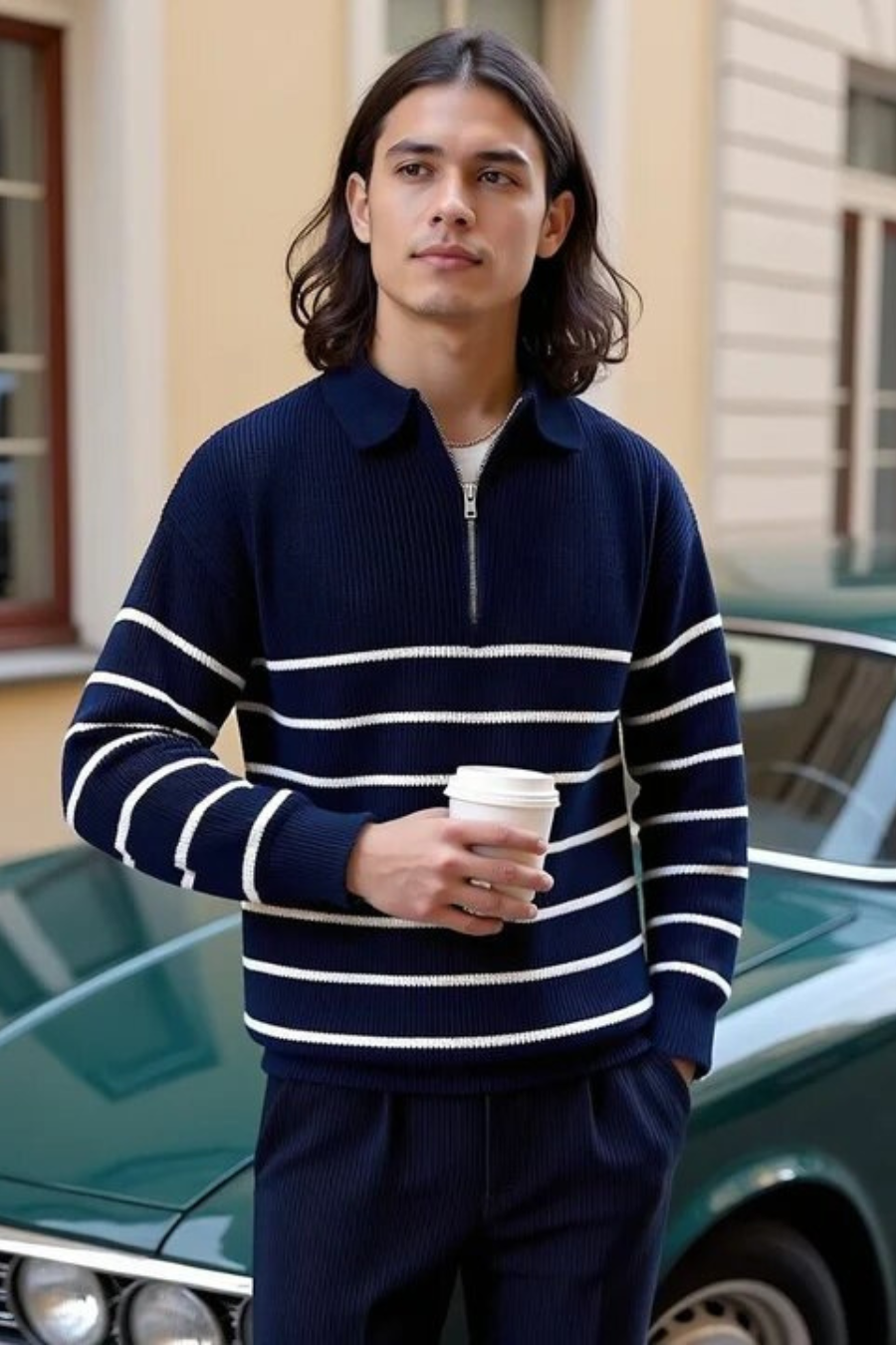 Striped Polo Sweatshirt with Zipper