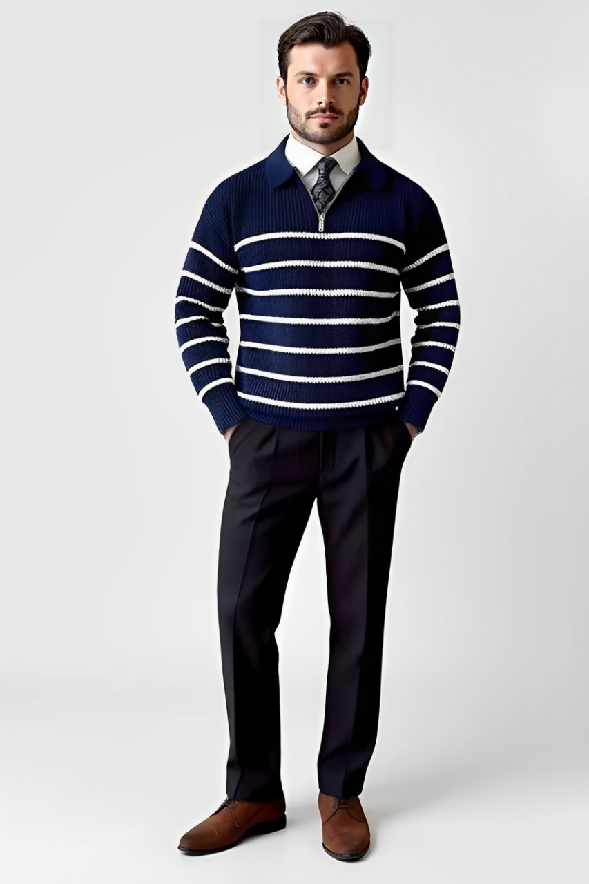 Striped Polo Sweatshirt with Zipper