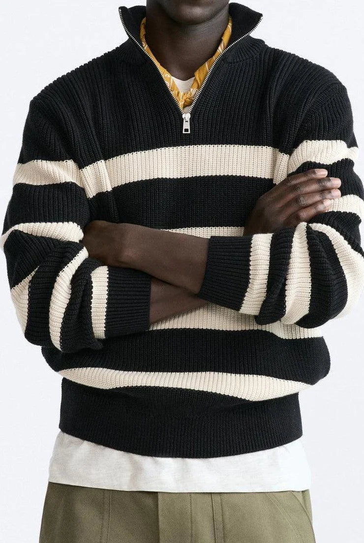 Knitted sweater with white stripes